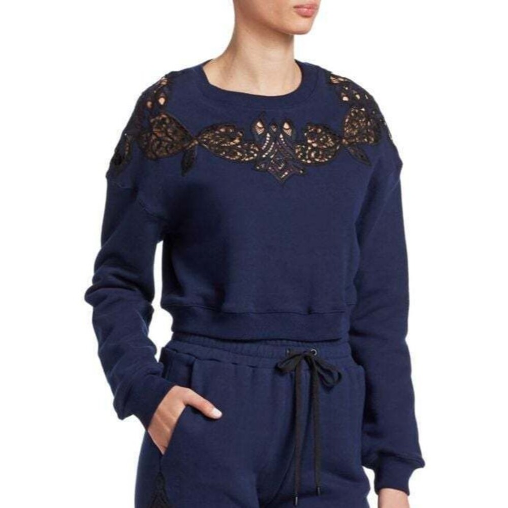 New Jonathan Simkhai Womens Lace Embroidery Crop Sweatshirt Navy Blue Medium